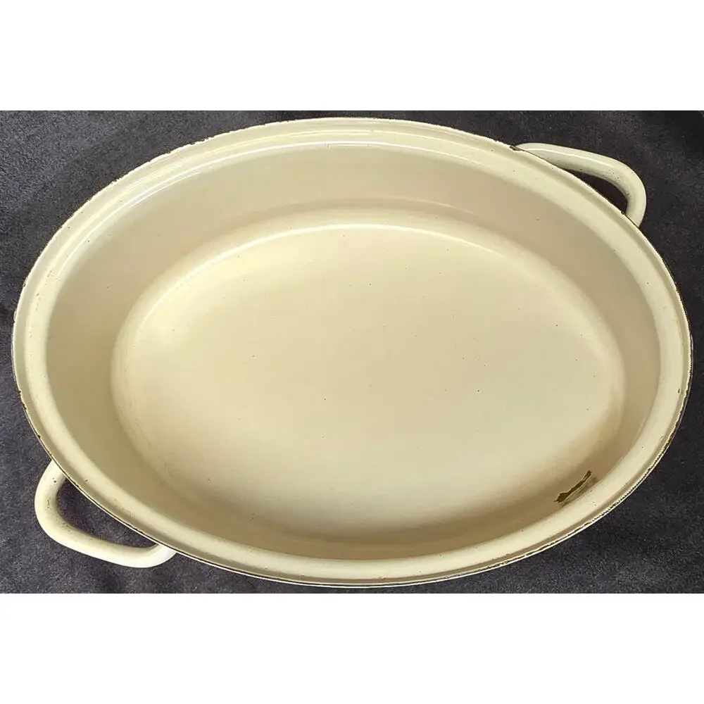 Vintage Large Tan & Brown Iron Roaster Frying Pan Roasting Pot Casserole Dish